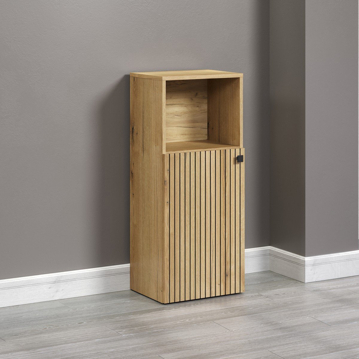 Rangement bas de salle de bain 1 porte et 1 niche L40 cm - PUREBLISS chêne blond et noir mat, CALICOSY