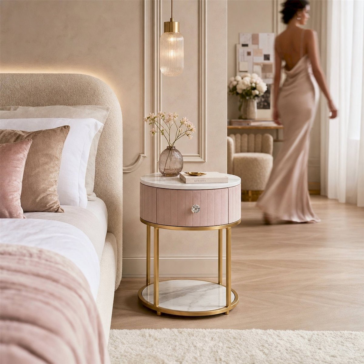 Table de chevet en fer avec tiroir GLAM crème, doré et blanc, RECOLLECTION