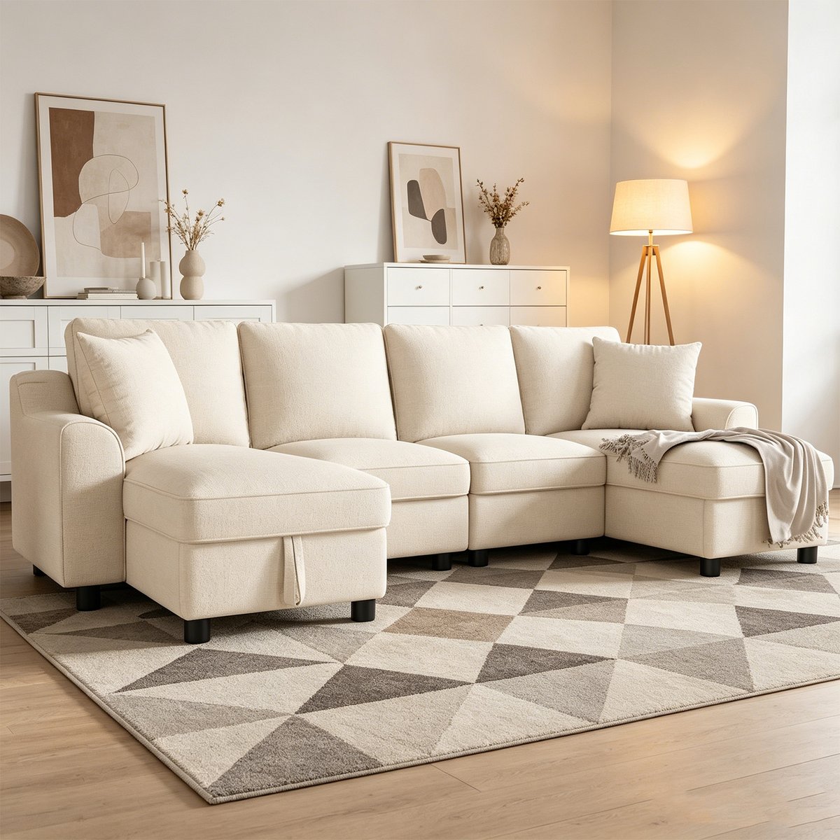 Canapé d'angle U coffre de rangement en chenille, VASEC beige, MEUBLES COSY