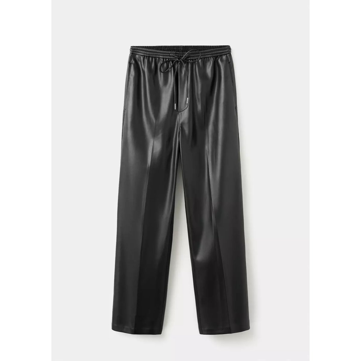 Pantalon taille élastique cuir synthétique noir, MANGO