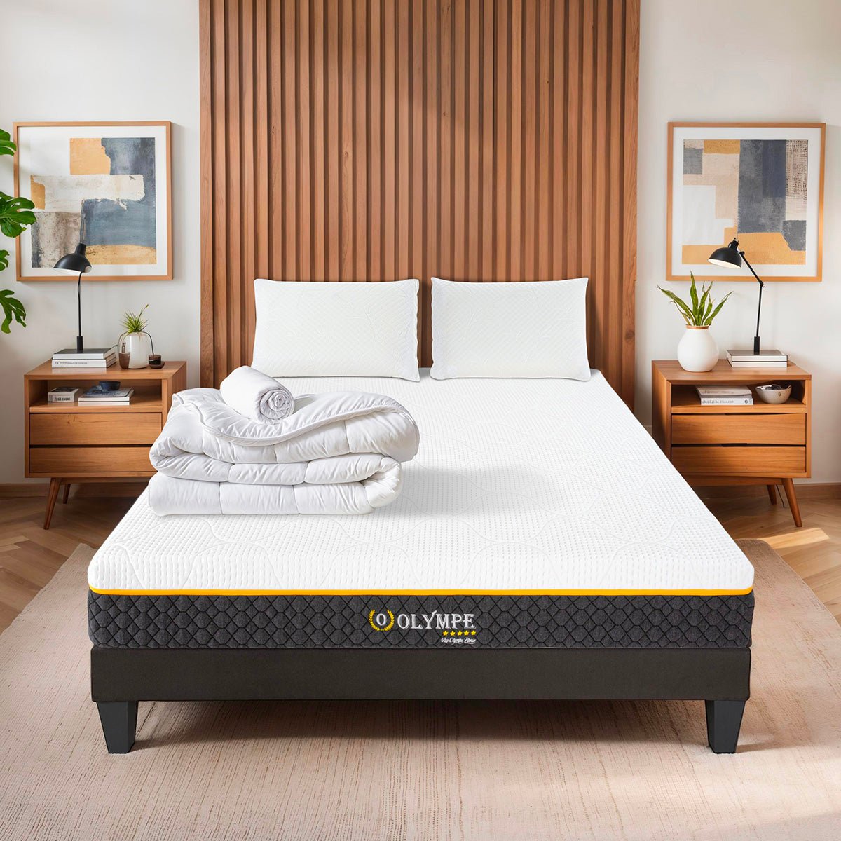 Pack Olympe 160x200 cm Matelas Mousse + Sommier Bois + Accessoires blanc, OLYMPE LITERIE