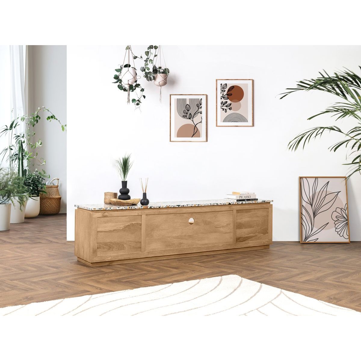 Meuble TV 200 cm bois massif, BARBARA marron clair, BOBOCHIC