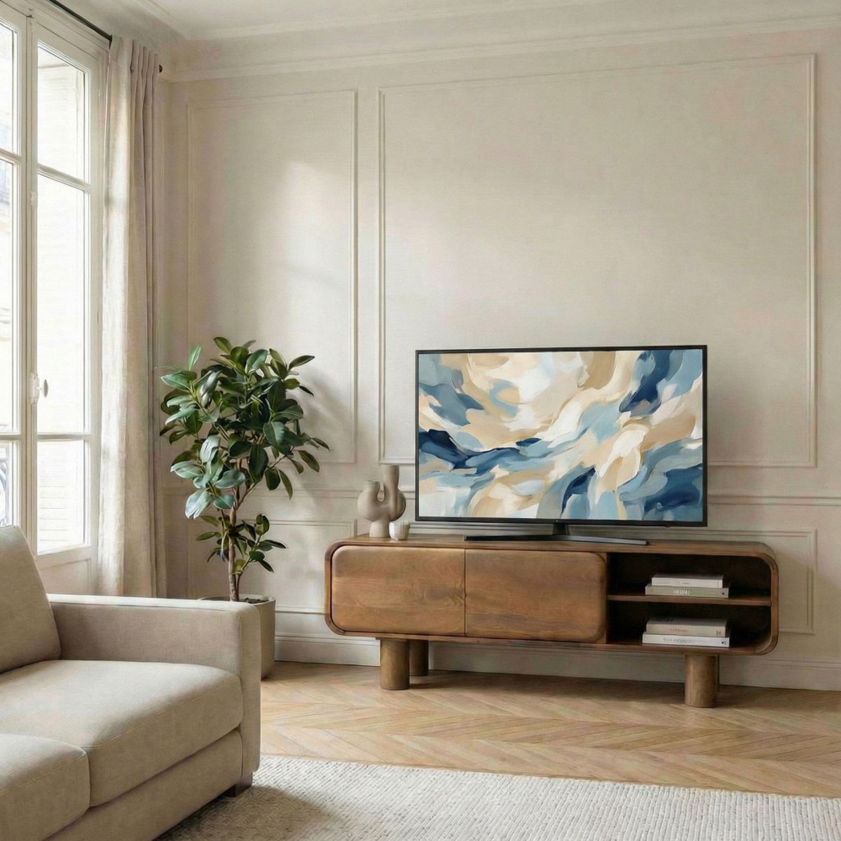 Meuble tv 2 portes en bois massif L140cm- SIRA bois foncé, DRAWER