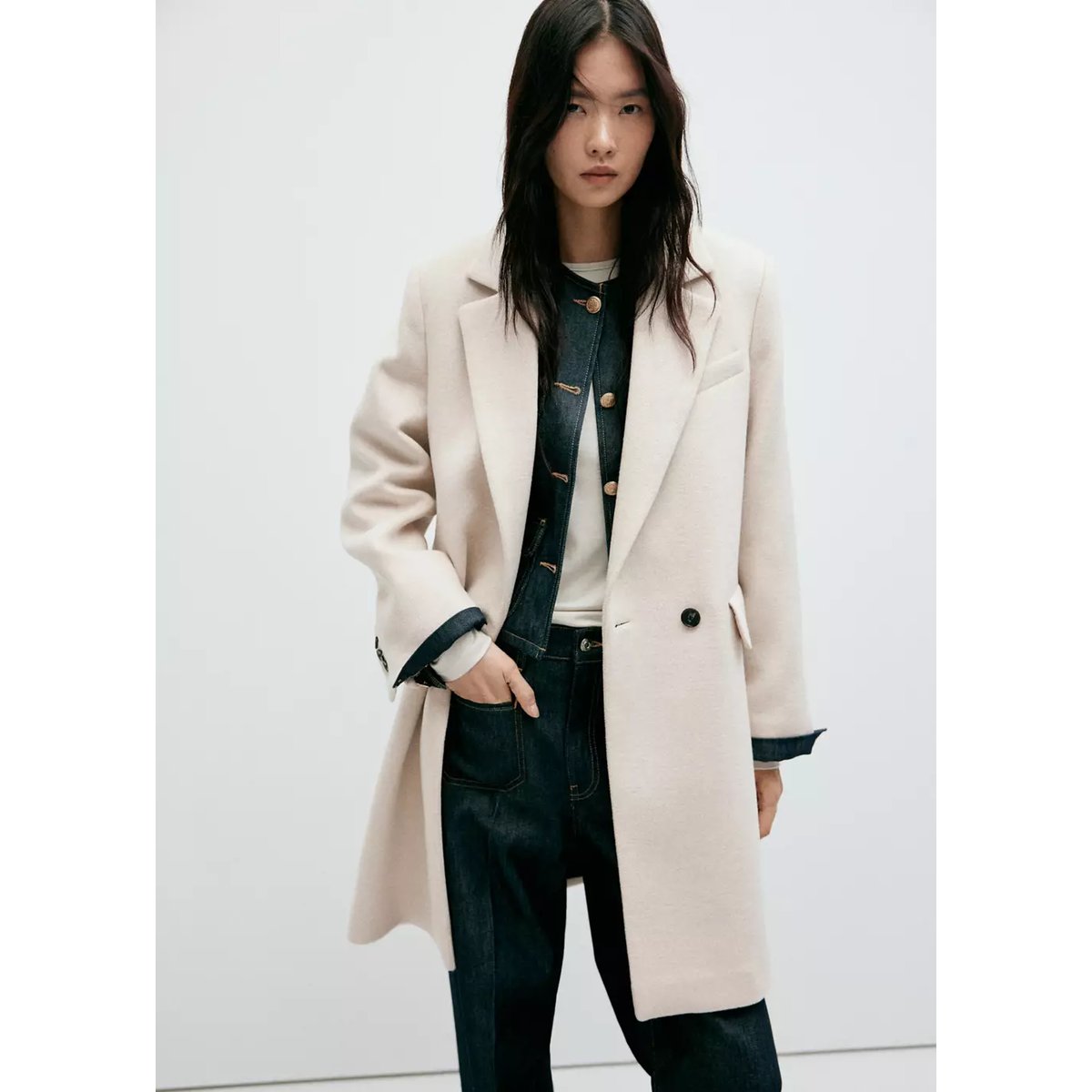 Manteau en laine à double boutonnage gris clair/pastel, MANGO