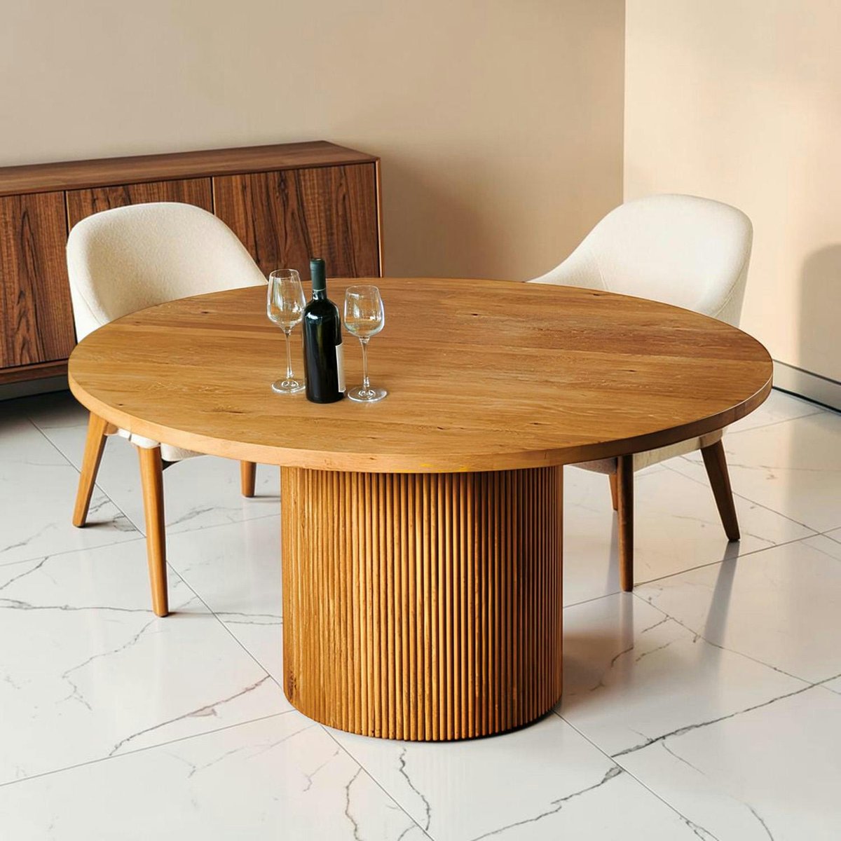 Table à manger ronde chêne clair pied rainuré Ø150 cm IENA bois naturel, PIER IMPORT