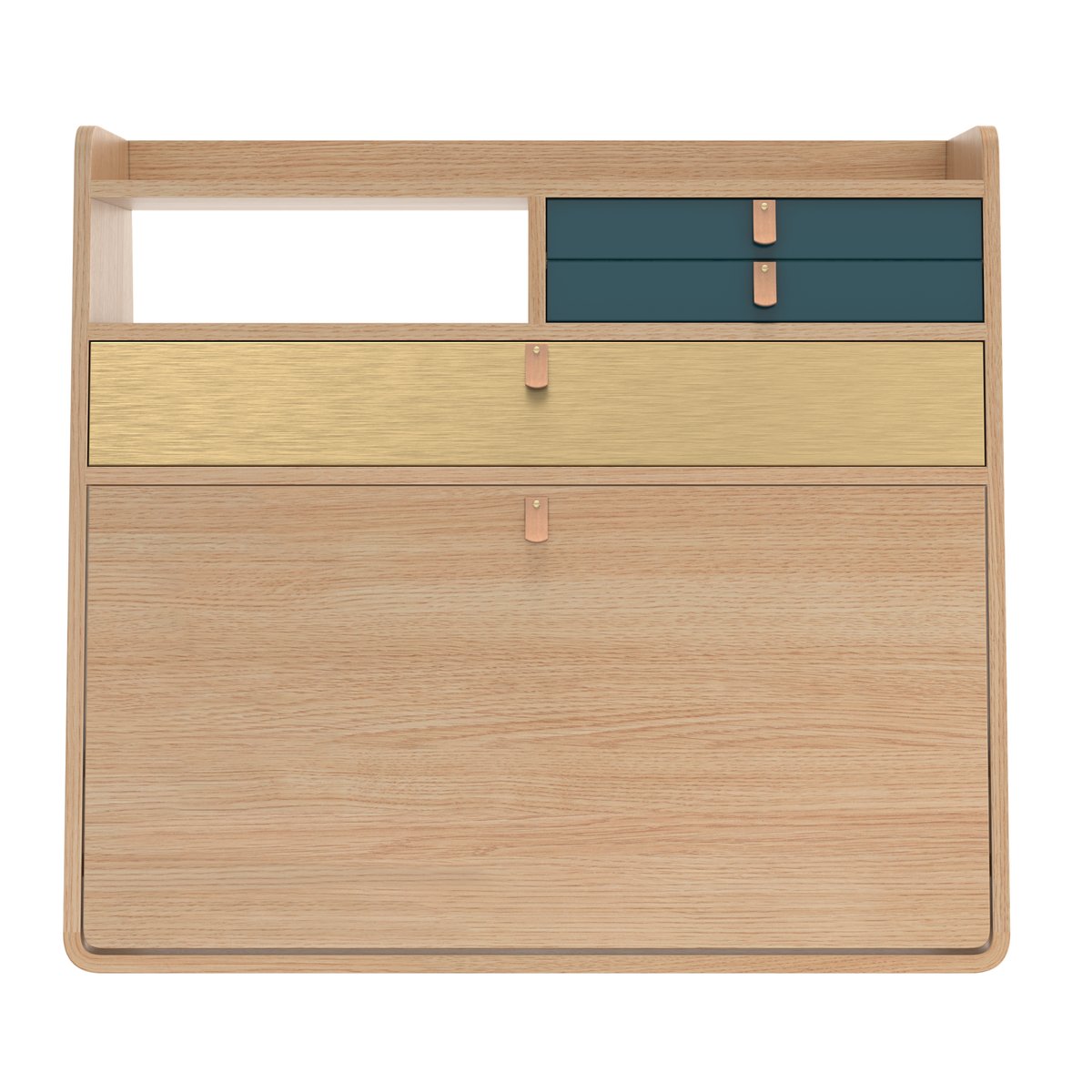 Bureau secrétaire mural en chêne 80 cm, GASTON chêne, bleu pétrole, laiton, HARTO