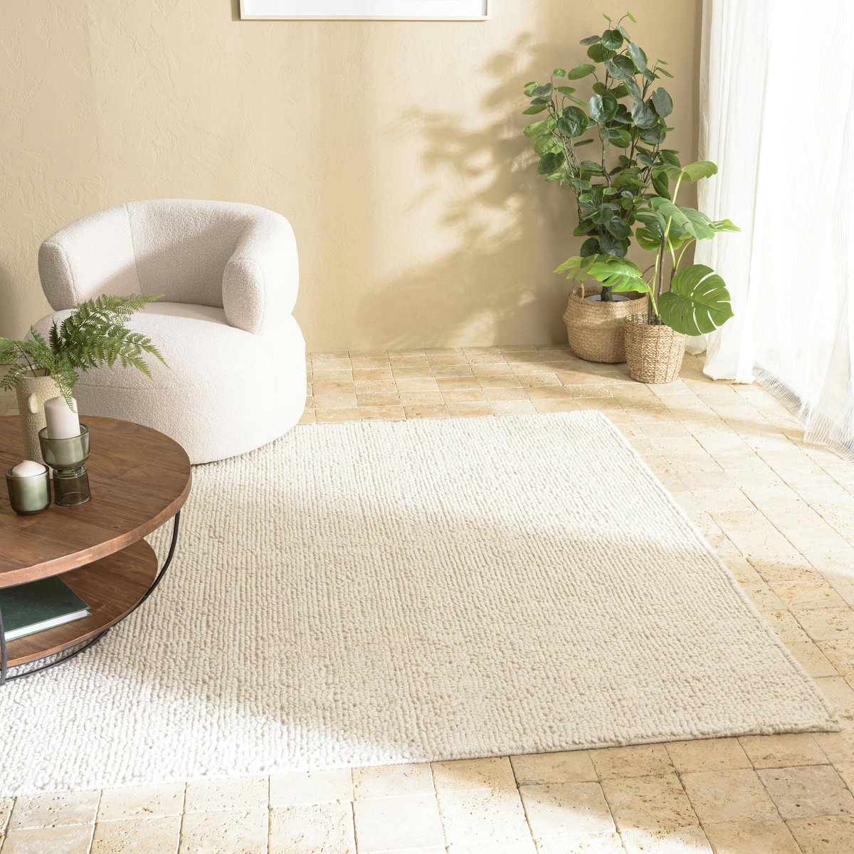 Tapis rectangulaire 200 x 290 laine bouclée ivoire ecru, PIER IMPORT