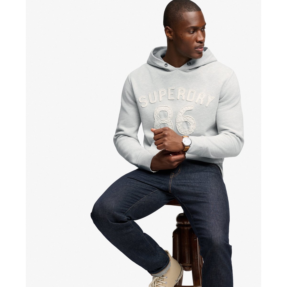 Sweat à capuche Heritage Applique Coupe Décontractée gris hamptons chiné, SUPERDRY