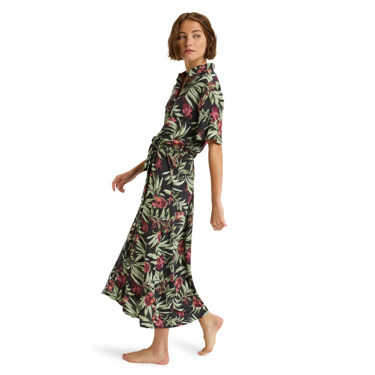 Robe midi à col et boutons sur le devant ISLAND ESCAPE PRINTED. noir phantom wind swept floral crin, ROXY