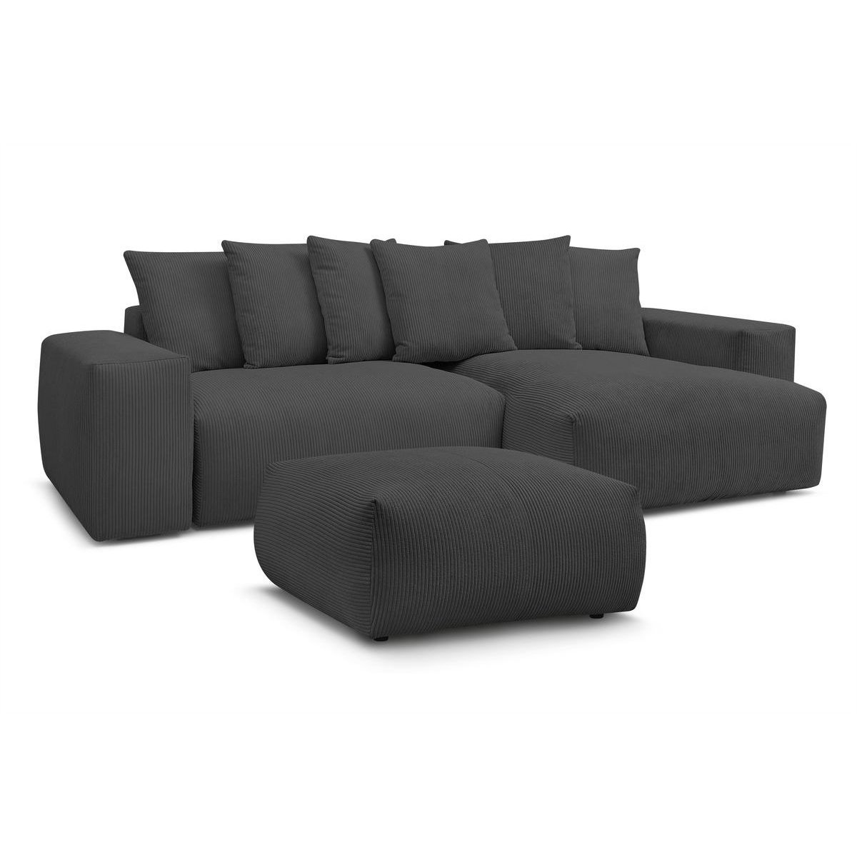 Canapé d'angle convertible 5 places en velours côtelé avec pouf, VOLTAIRE gris foncé, BOBOCHIC