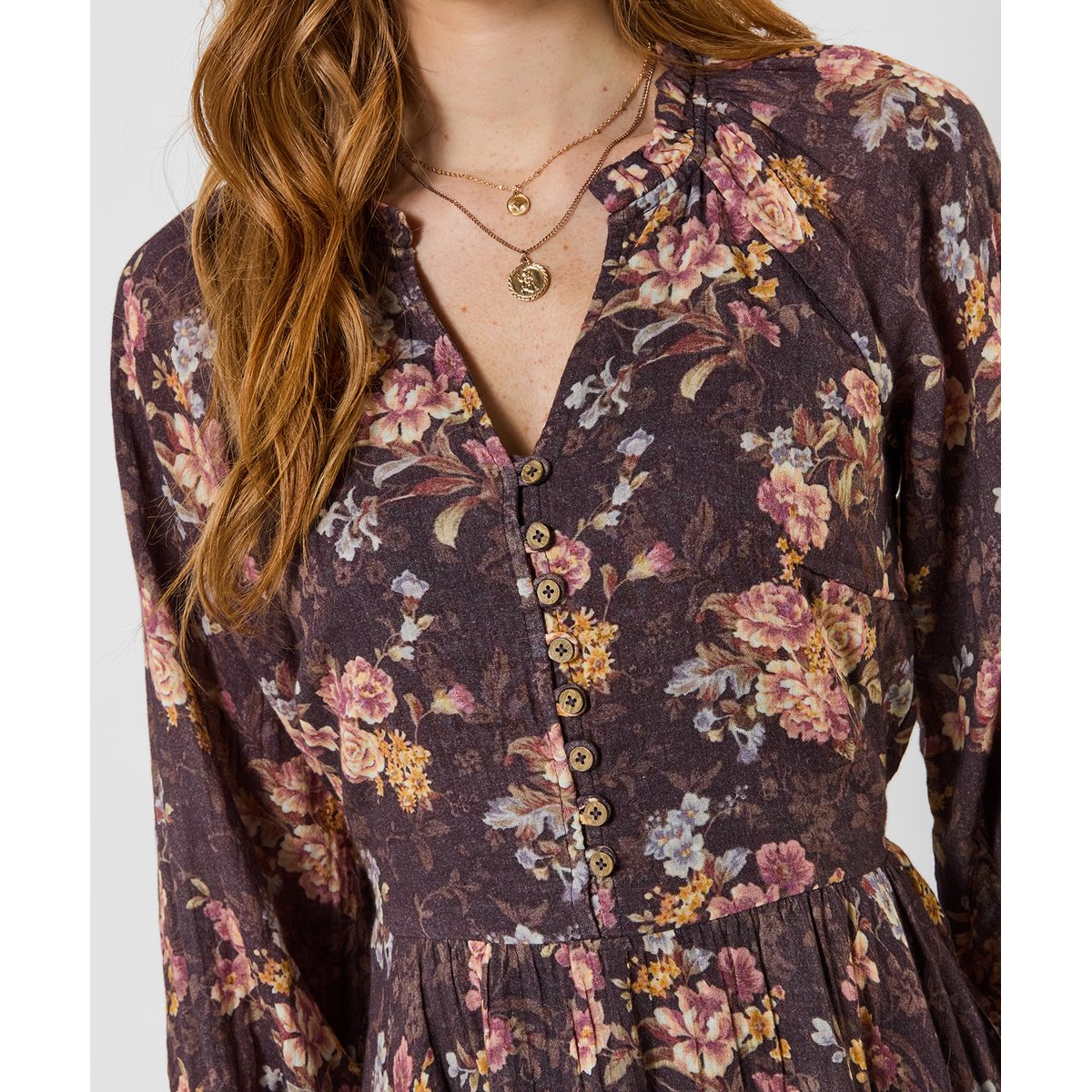 Robe Mi-Longue à Ourlet Plongeant Fleurs Anciennes marron, JOE BROWNS