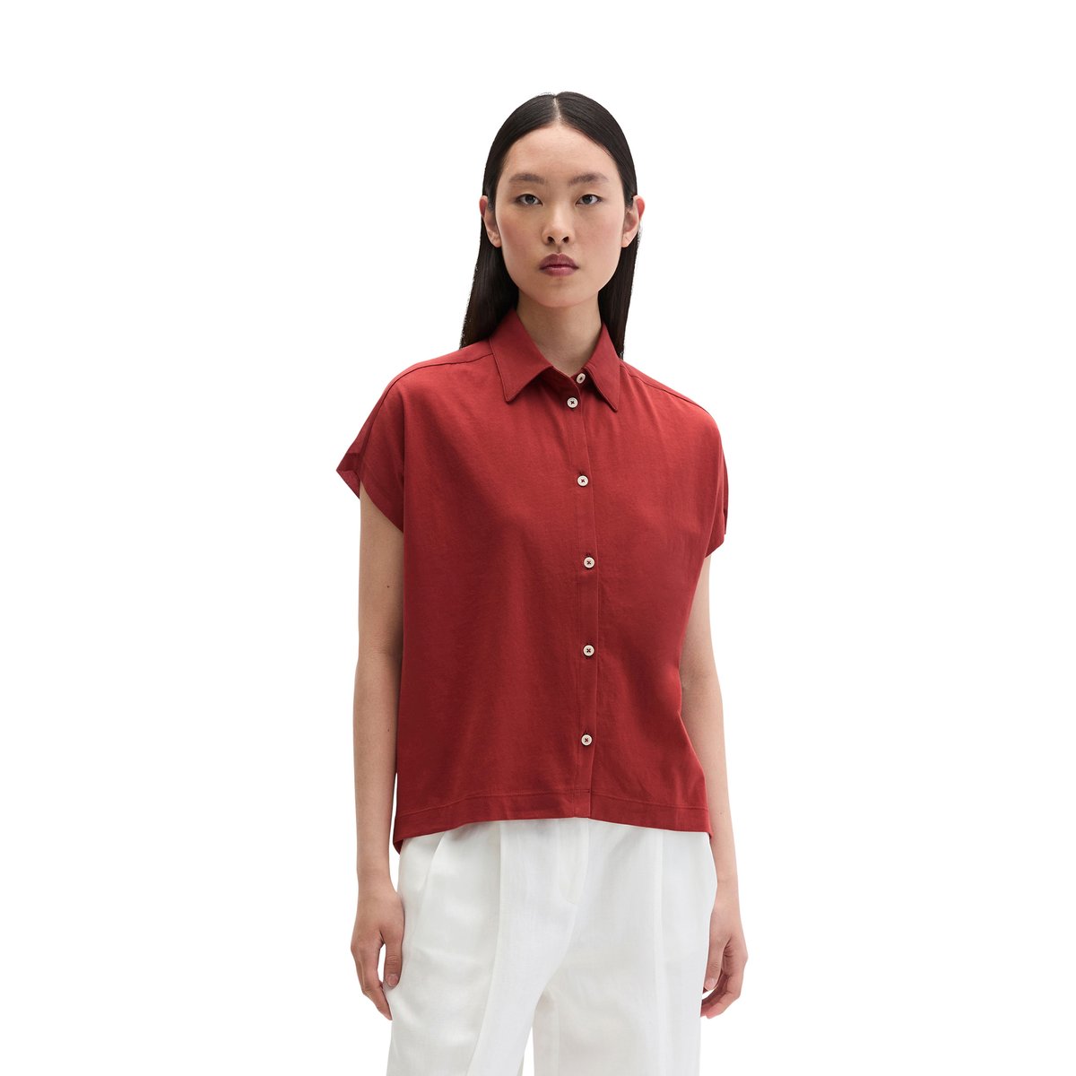 Blouse en jersey large en mélange de matériaux rouge foncé, MARC O'POLO