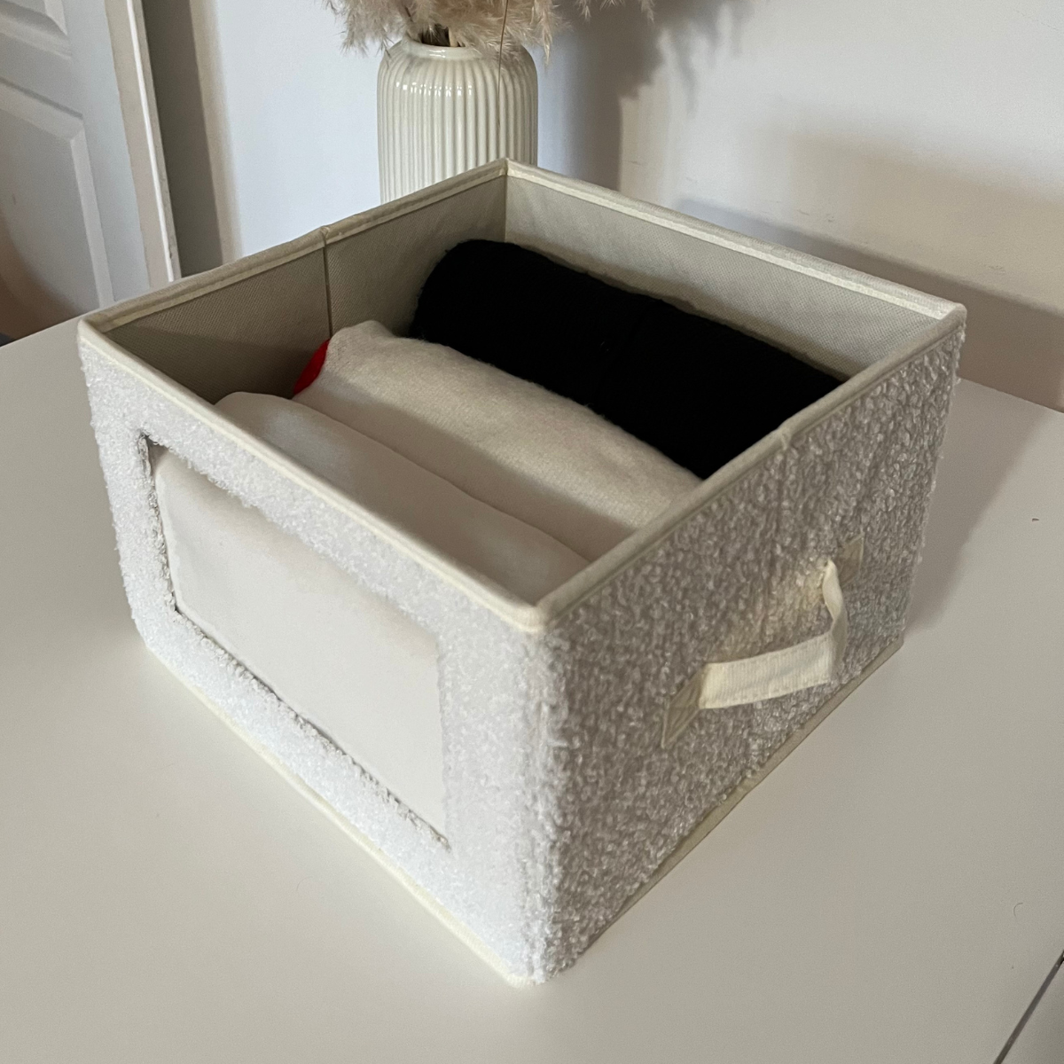 Boîte rangement tissu bouclette écru avec fenêtre - L30 cm écru, CALICOSY