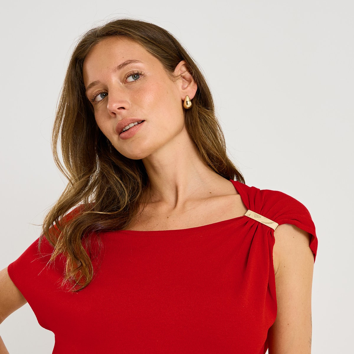 Pull brillant détail bijou orange rouge, GRAIN DE MALICE