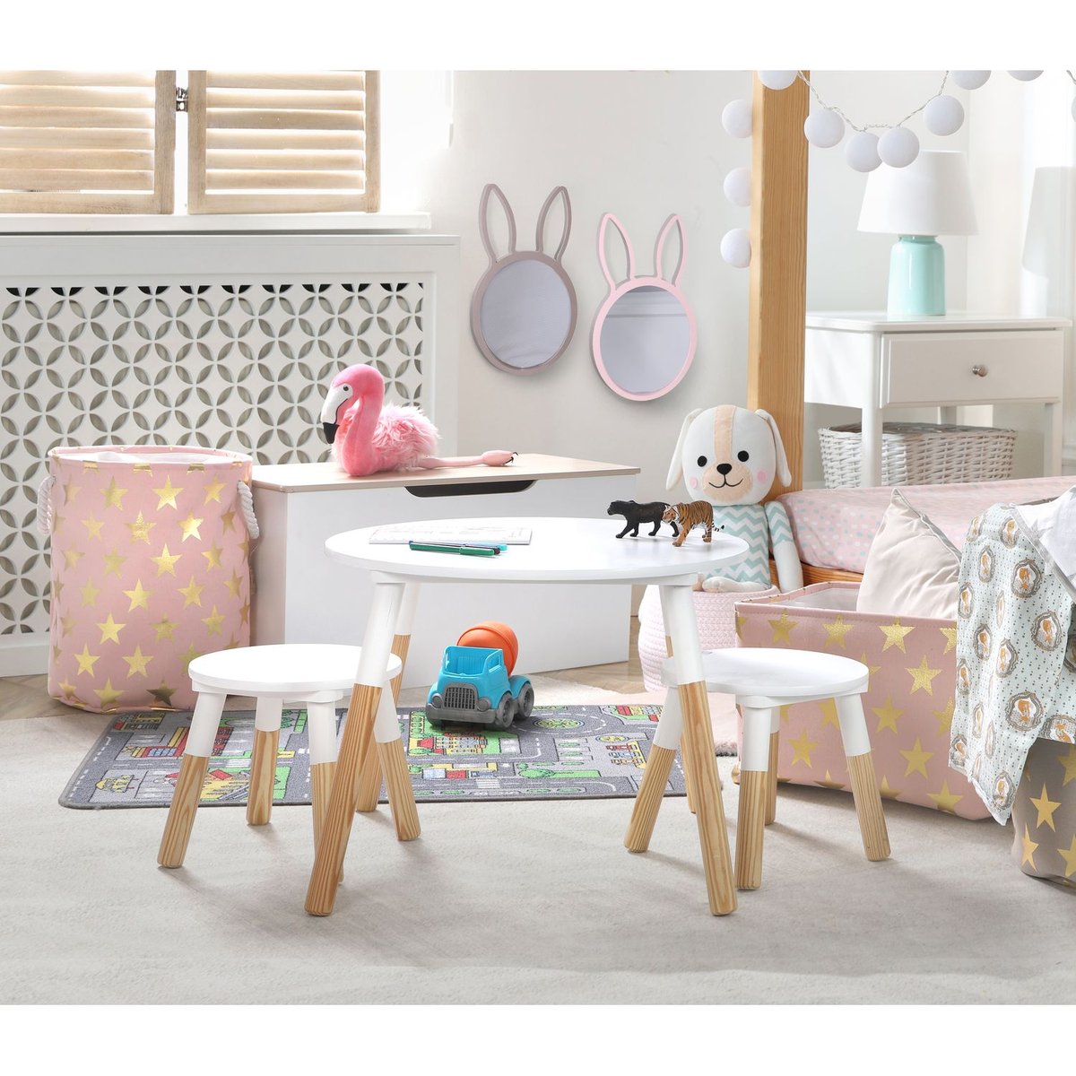 Table enfant avec 2 tabourets avec pieds bicolores DREAM blanc, TOILINUX