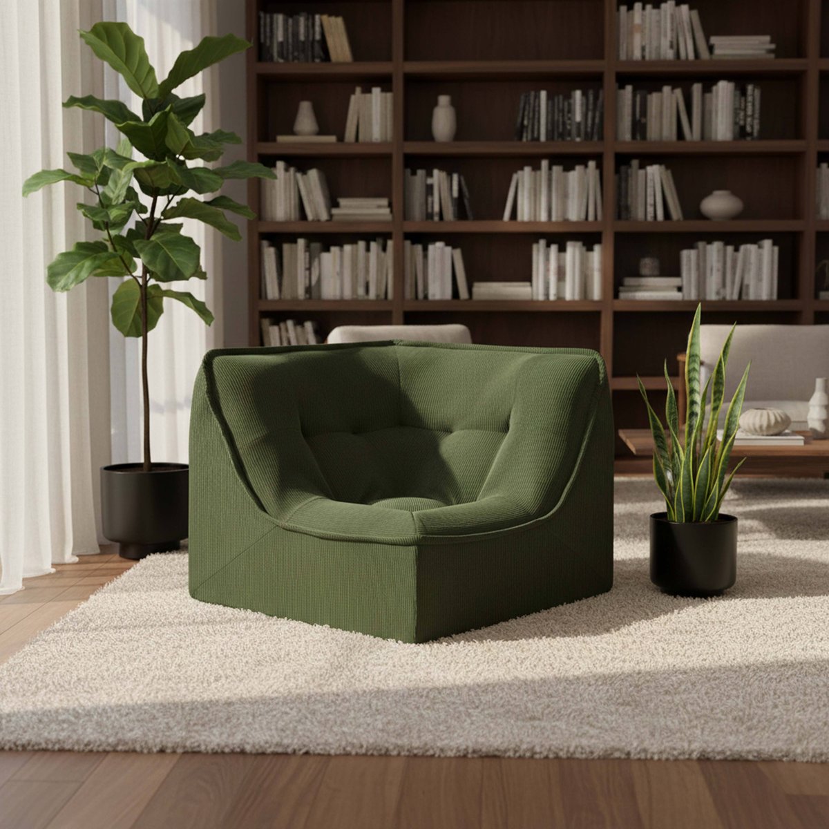 Fauteuil d'angle en velours côtelé type chauffeuse, LIZY vert, OVIALA