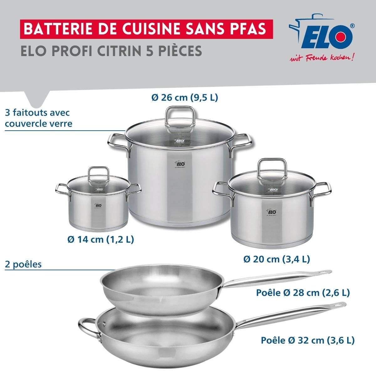Batterie 2 poêles 28/32cm + 3 faitouts 14/20/26cm PROFI CITRIN inox, ELO