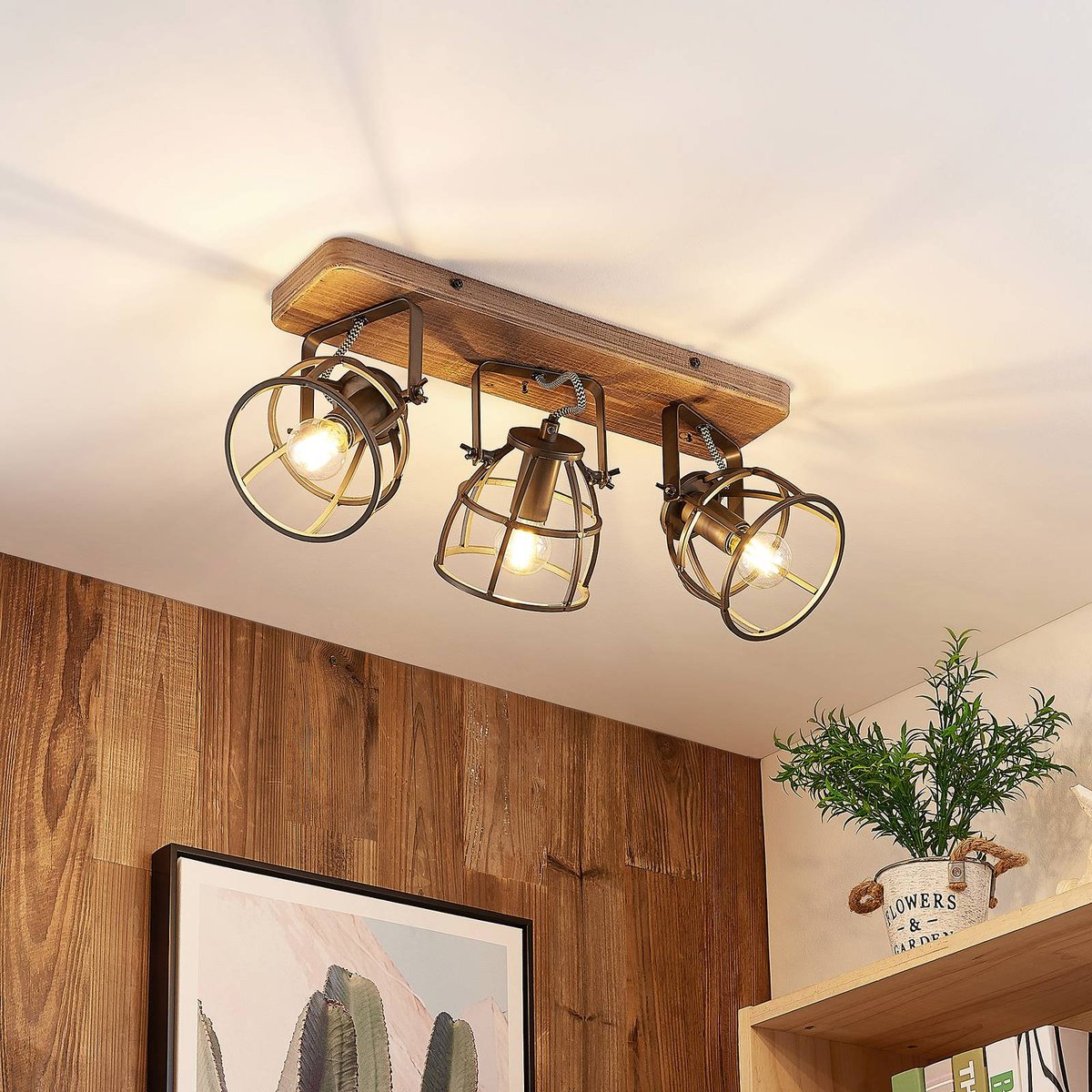 Plafonnier en bois vintage, Rutger noir, marron, LINDBY