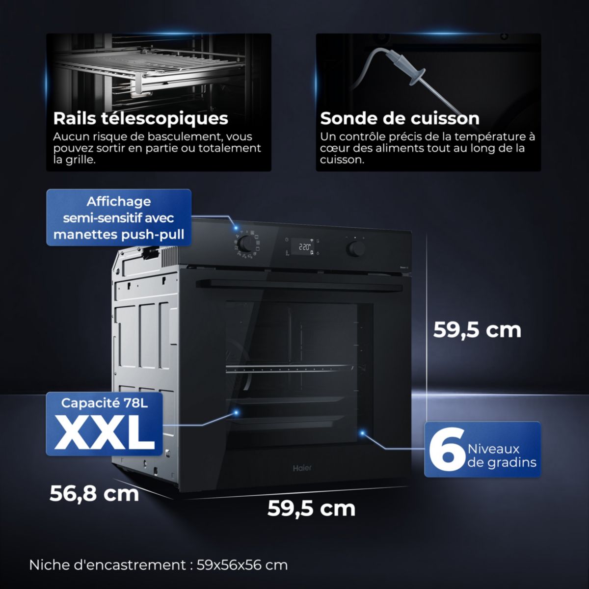 Four encastrable ID2P5B5EYTB - Pyrolyse - Hydrolyse - Chaleur pulsée - Porte froide - Rails télescopiques couleur unique, HAIER