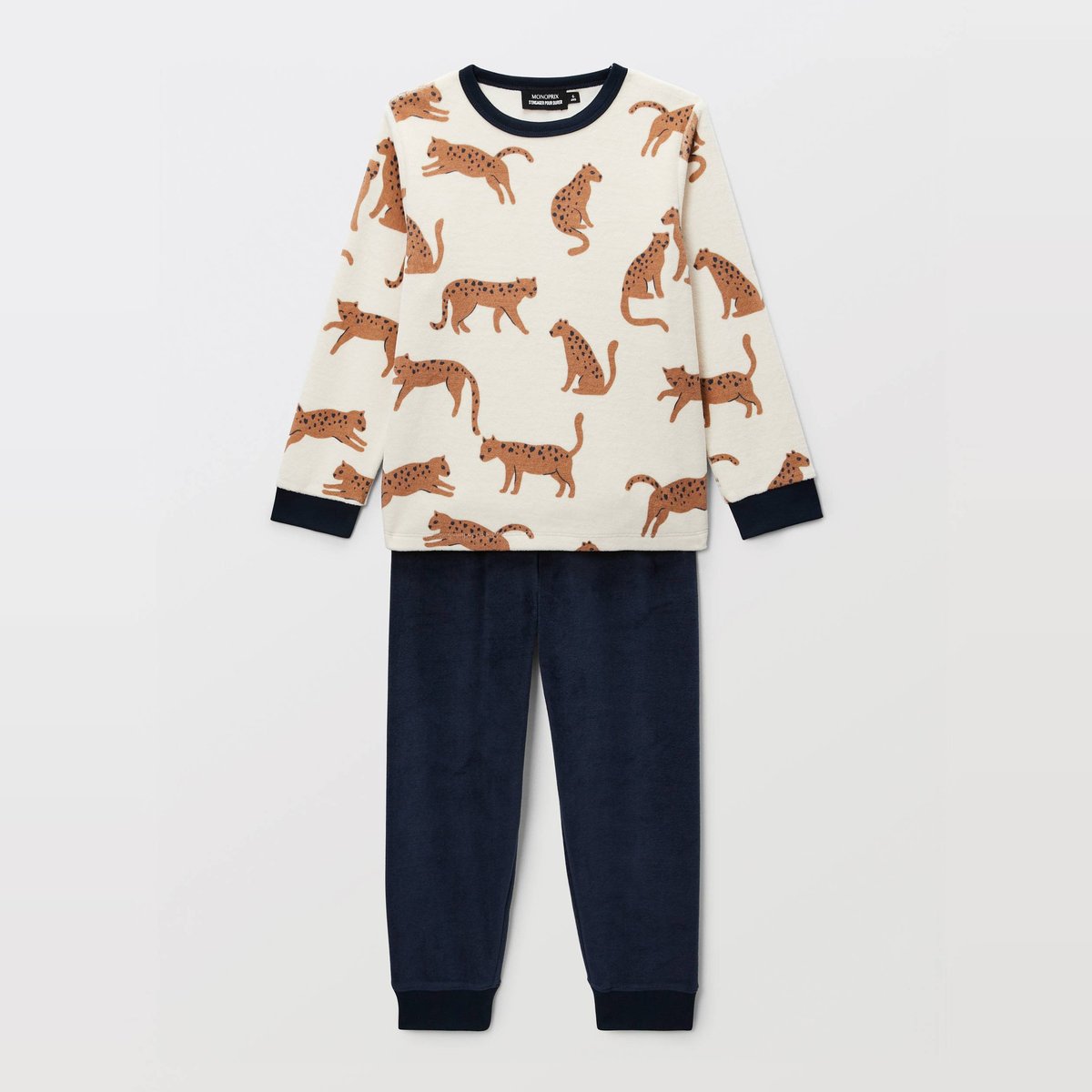 Pyjama velours manches longues imprimé contient du coton BIO GOTS marine, MONOPRIX