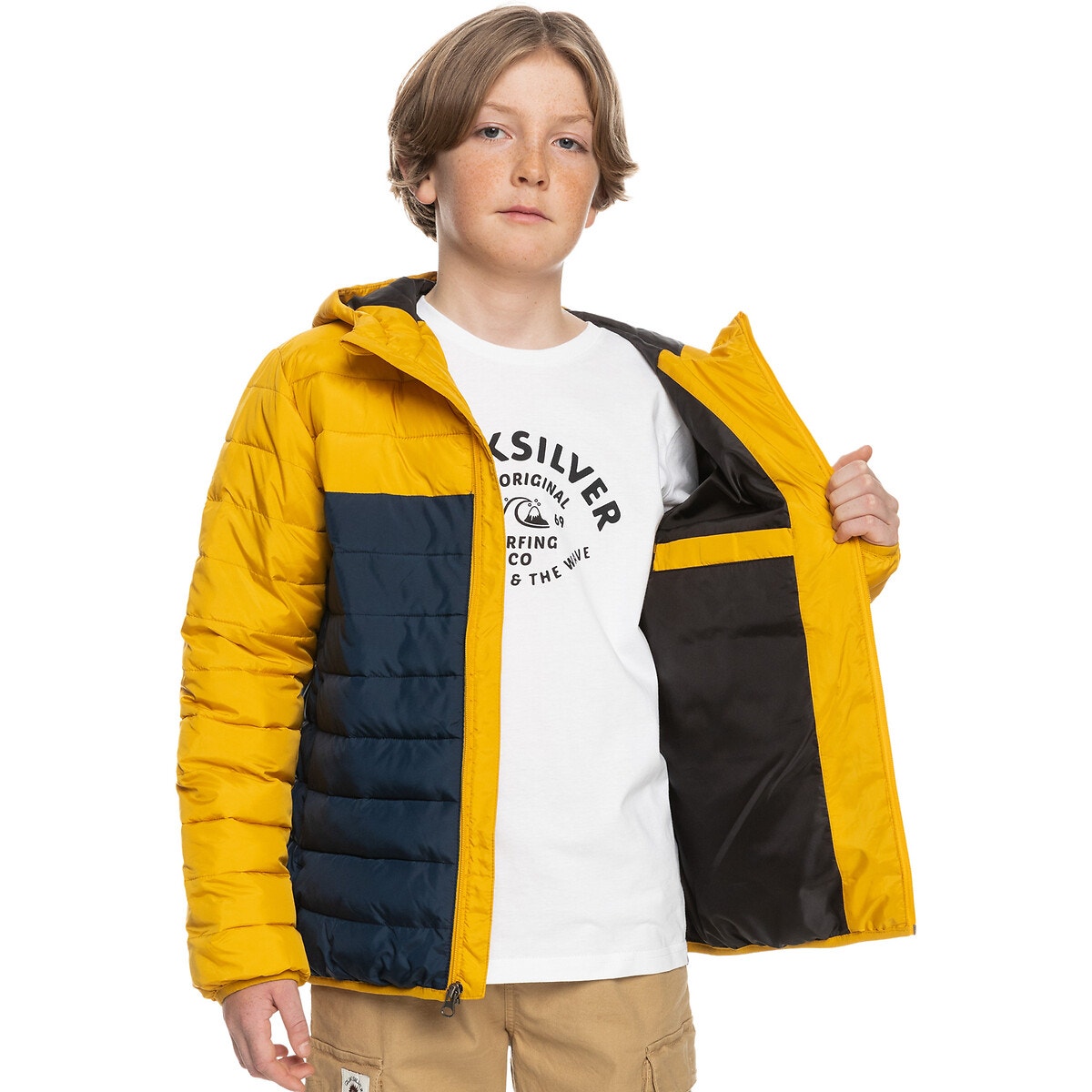 Doudoune à capuche matelassée jaune + bleu marine, QUIKSILVER