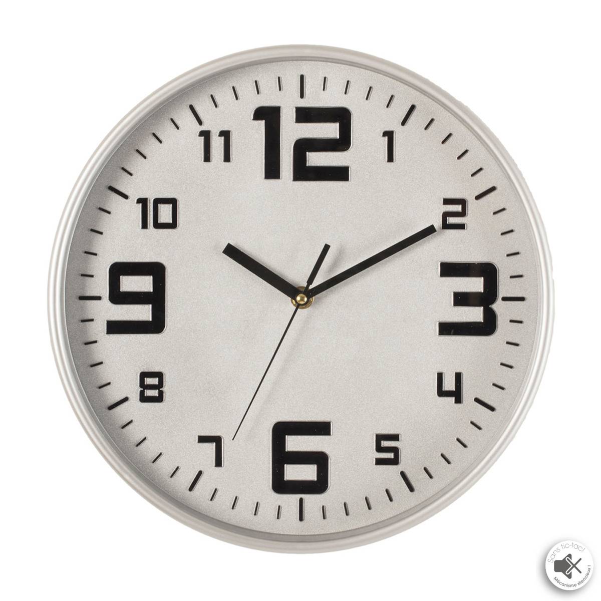 Horloge murale silencieuse cadre en métal brossé ELIAN argent, ATMOSPHERA