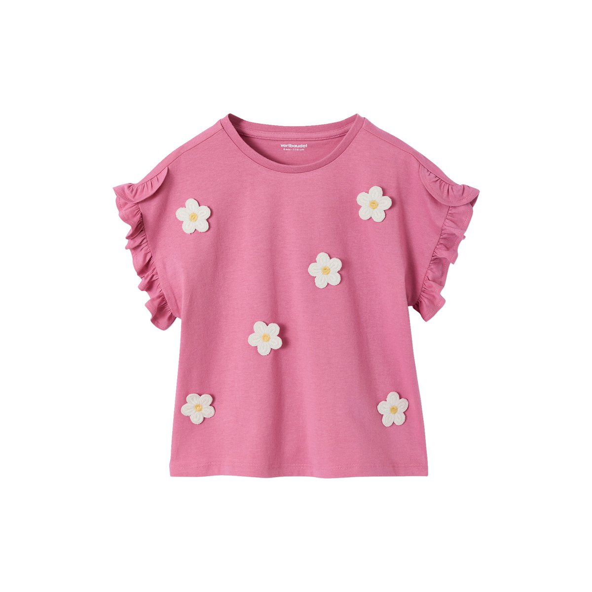 Tee-shirt motif romantique manches courtes à volant rose, VERTBAUDET