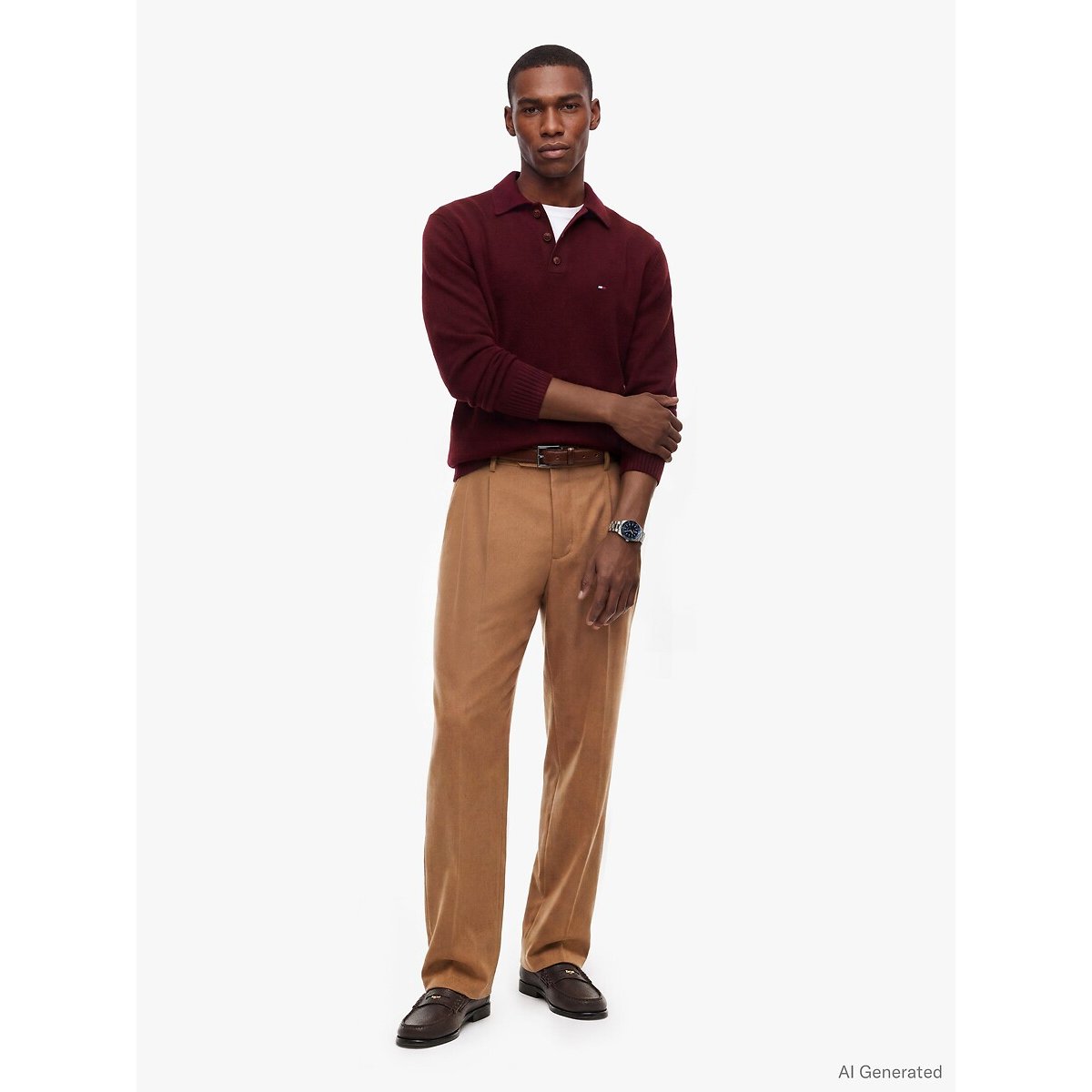 Pull col boutonné, en laine bordeaux, TOMMY HILFIGER