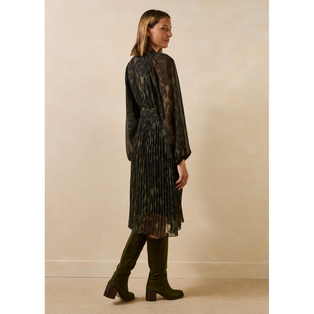 Robe manches longues imprimé tie & dye kaki, LA FEE MARABOUTEE