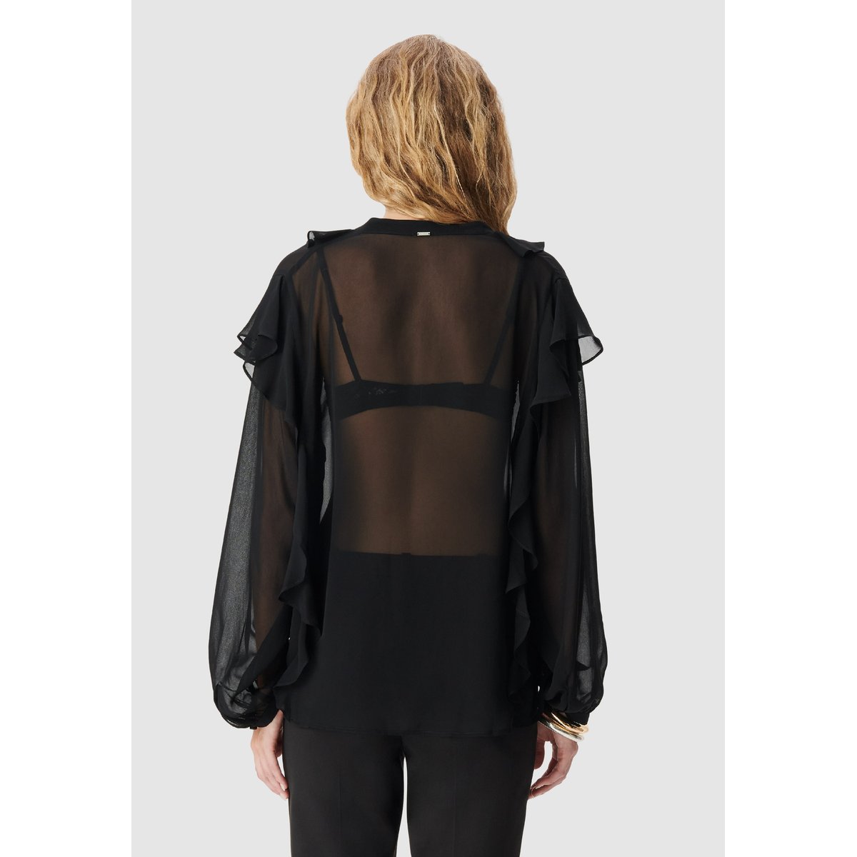 Blouse fluide à jabot et volants noir, IKKS