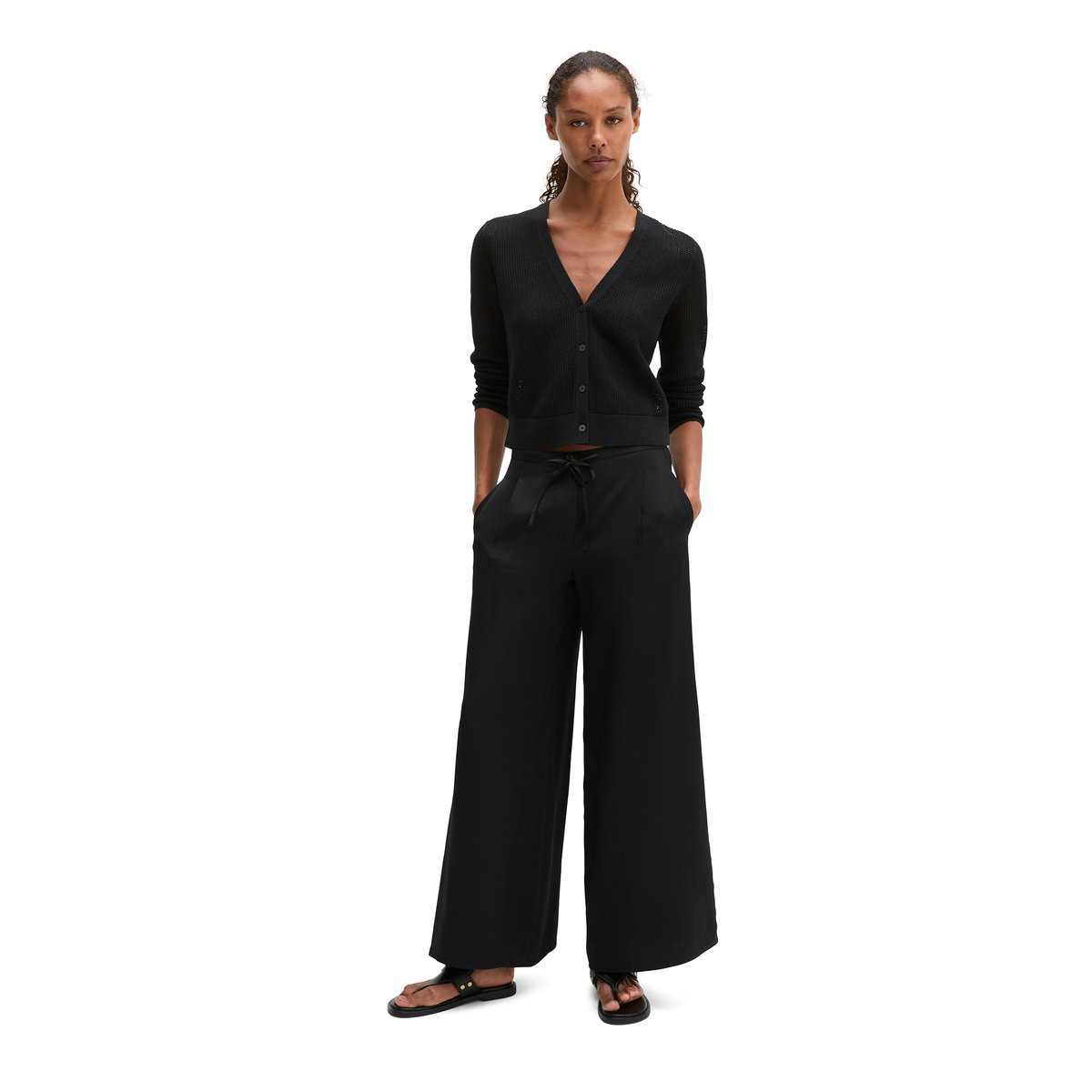 Cardigan ajouré régulier en fil de slub de coton et de lin noir, MARC O'POLO