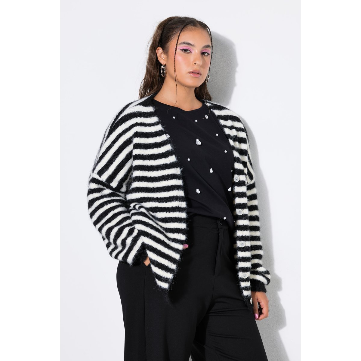 Cardigan, oversize, rayé, manches longues noir, STUDIO UNTOLD