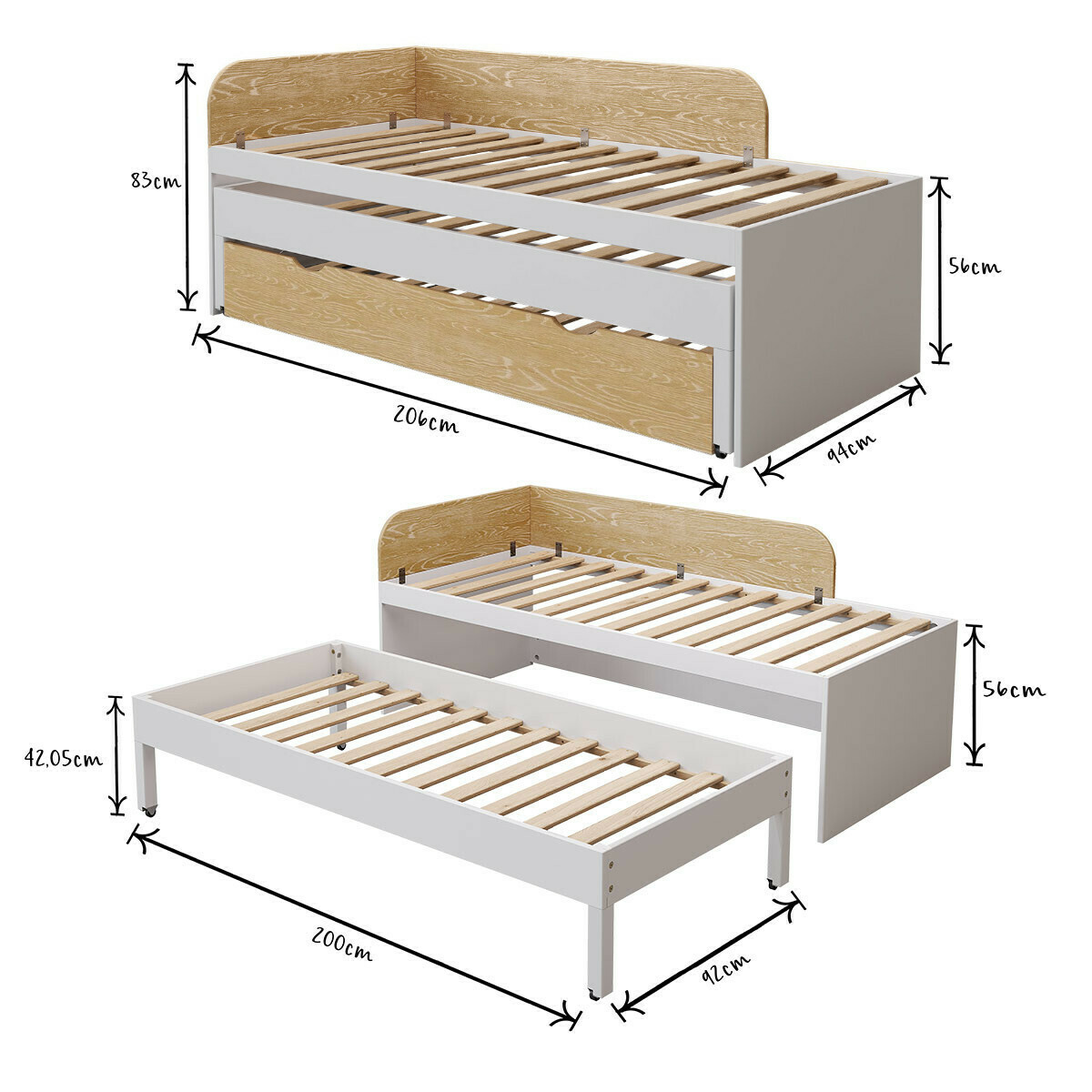 Lit gigogne 3 places Bois massif NOHA blanc, AKITEN RETAIL