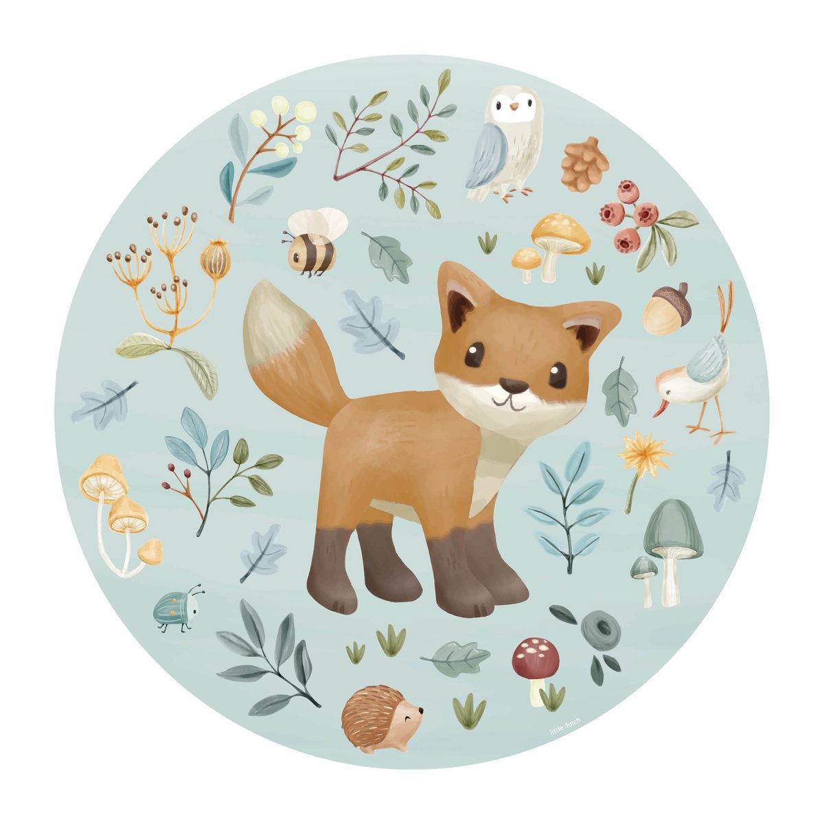 Papier peint rond pour enfant Petit renard bleu, marron, LITTLE DUTCH