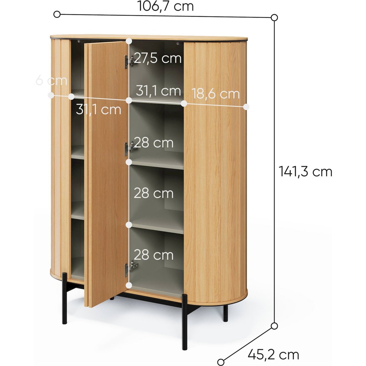 Buffet haut cannelé ROTTO en bois chêne vincenza et eucalyptus avec piètement noir, RECOLLECTION