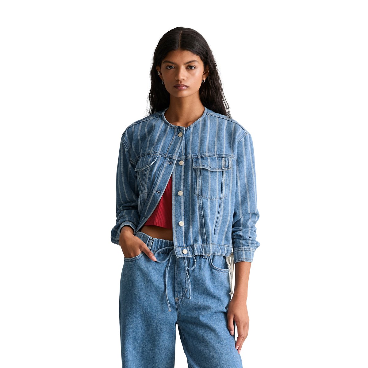 Veste en jean rayée, coupe carrée en pur coton bio bleu, MARC O’POLO DENIM