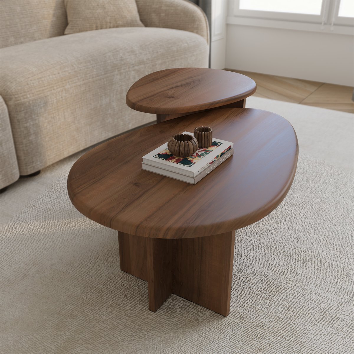 Lot de 2 tables basses gigognes en bois contreplaqué CEDRA noyer, SIA HOME