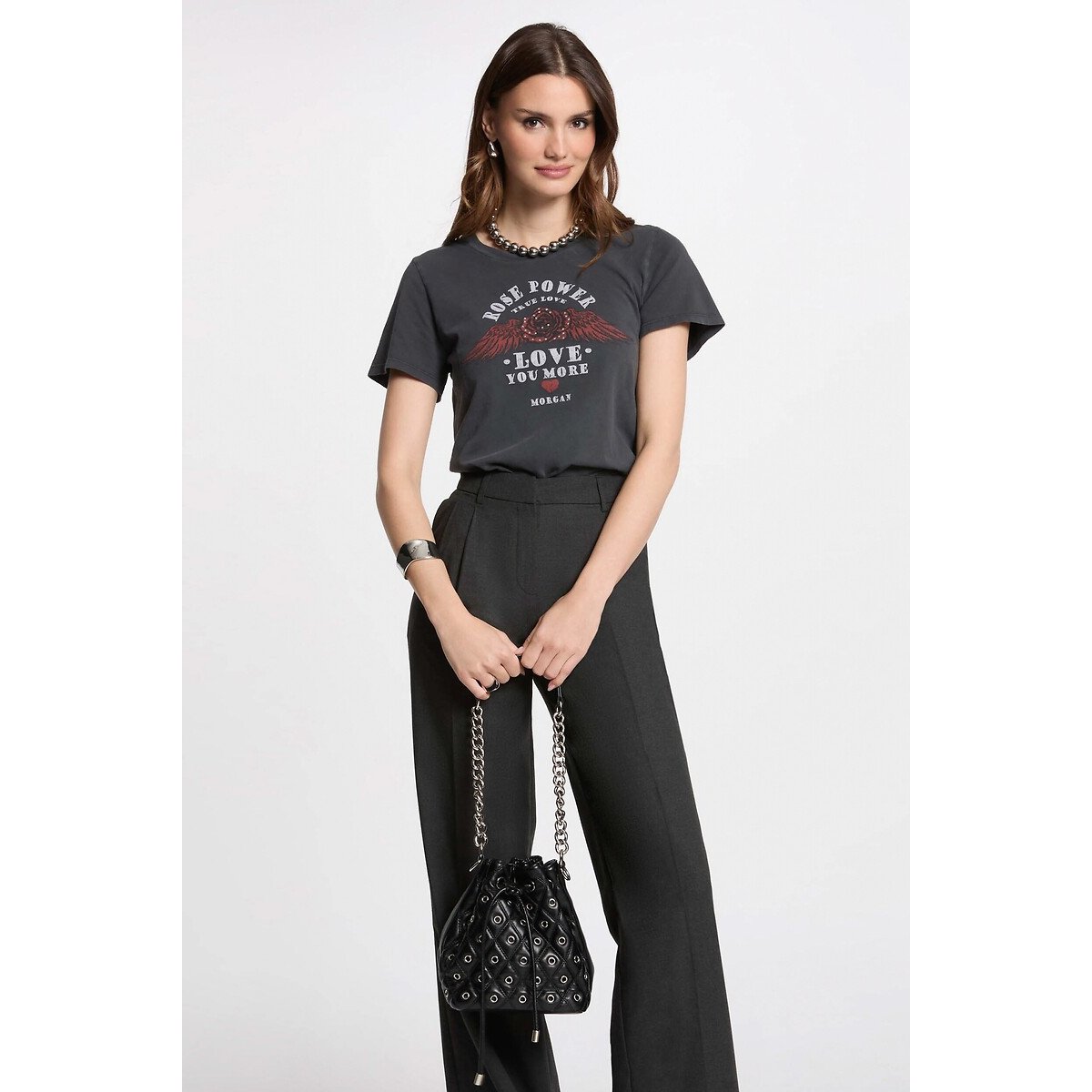 T-shirt col rond manches courtes imprimé devant gris anthracite, MORGAN