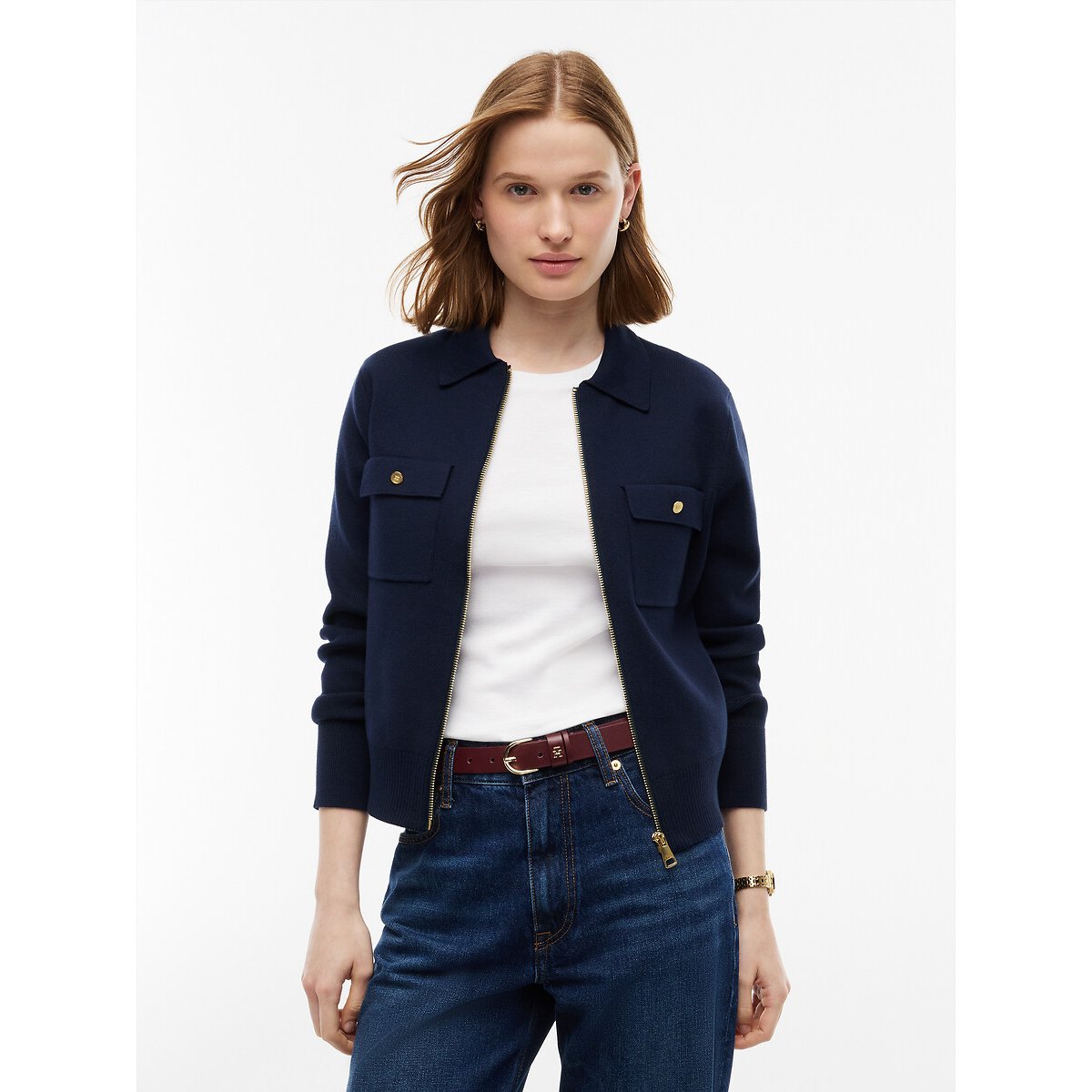 Cardigan con cerniera e collo a polo navy, TOMMY HILFIGER