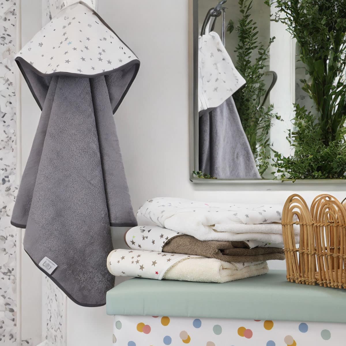 Cape de bain bébé coton éponge ÉTOILE gris, LINANDELLE