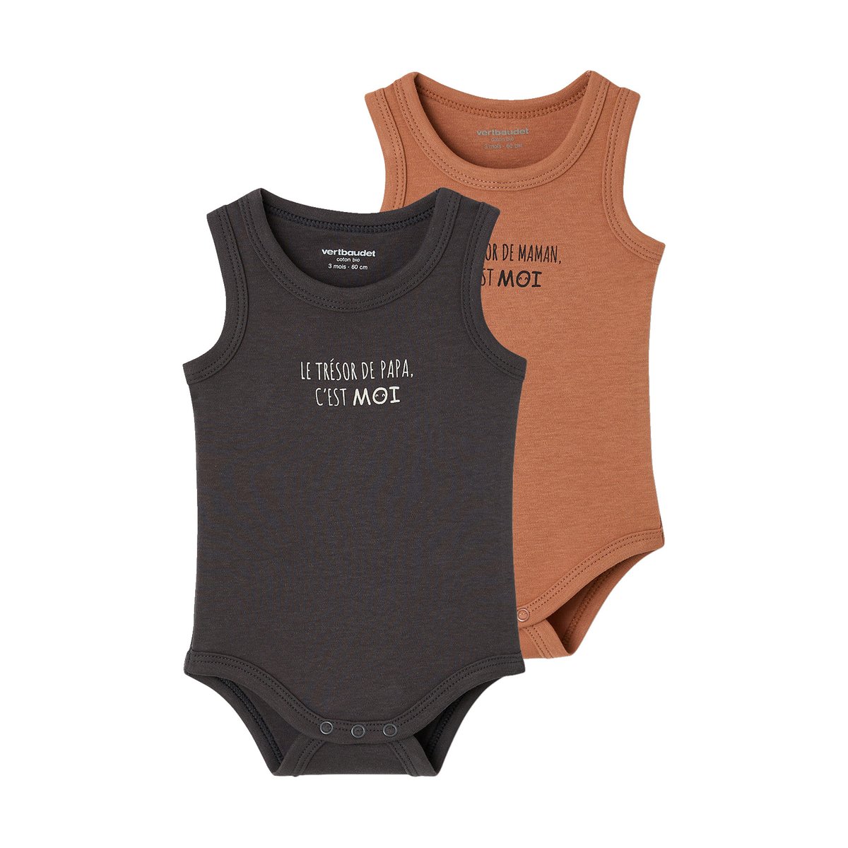 Lot de 2 bodies coton biologique anthracite, VERTBAUDET