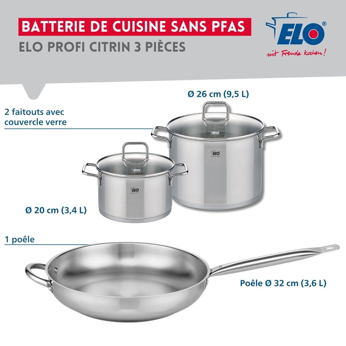 Batterie 1 poêle 32cm + 2 faitouts 20/26cm PROFI CITRIN gris, ELO