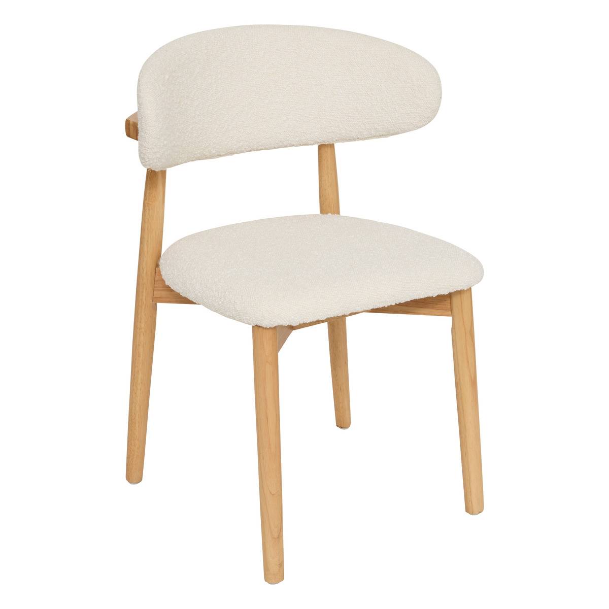 Lot de 2 chaises tissu bouclette bois d’hévéa SARI blanc bois, ATMOSPHERA