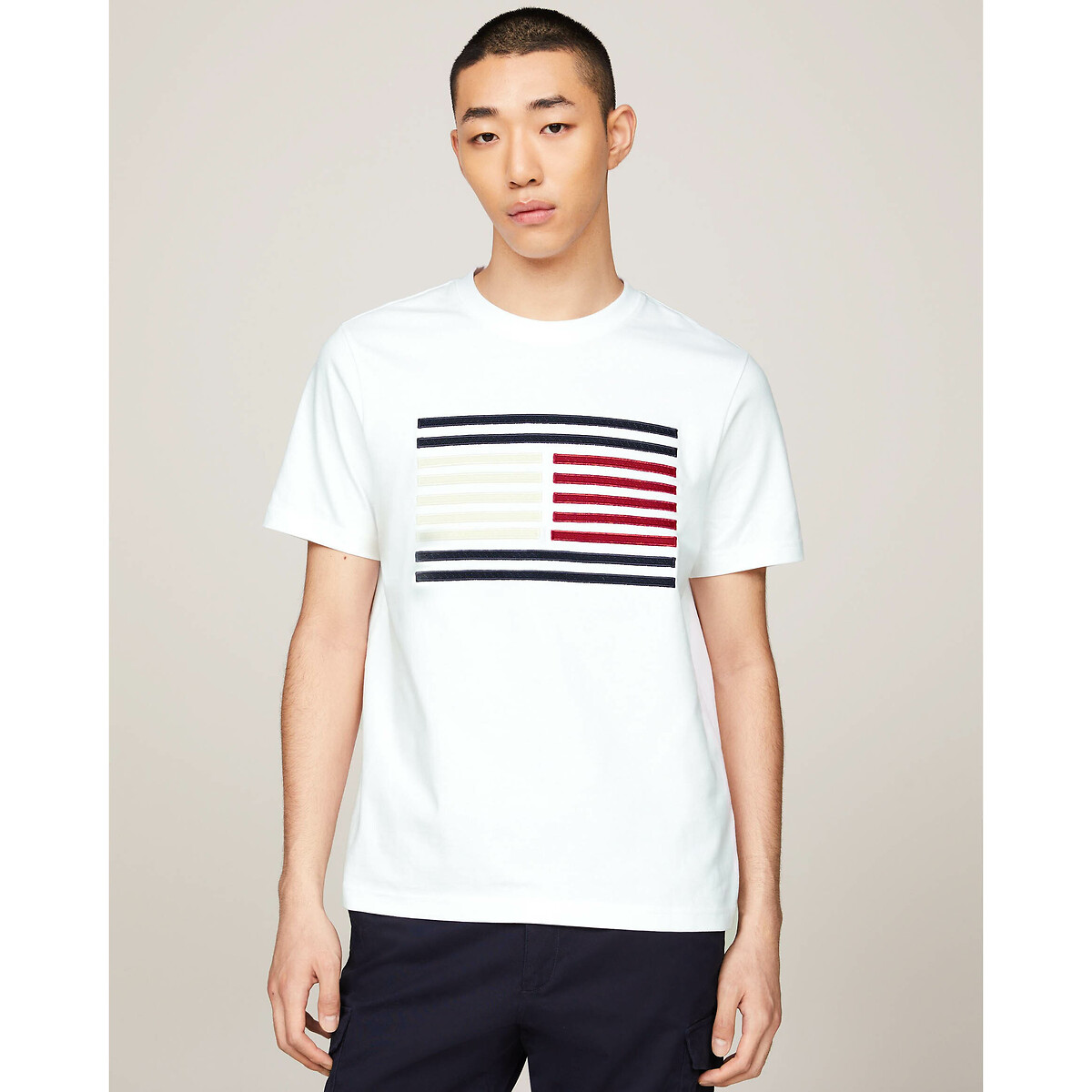 T-shirt col rond à logo blanc, TOMMY HILFIGER
