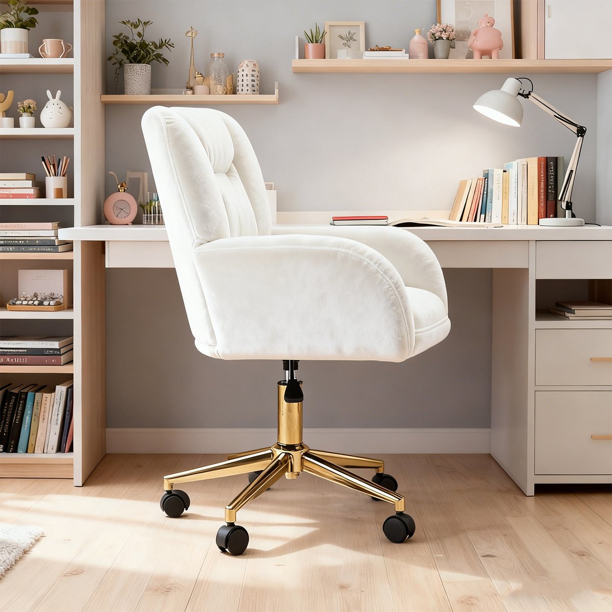 Chaise de bureau en velours réglable et pivotante, ROSSIE blanc, MEUBLES COSY