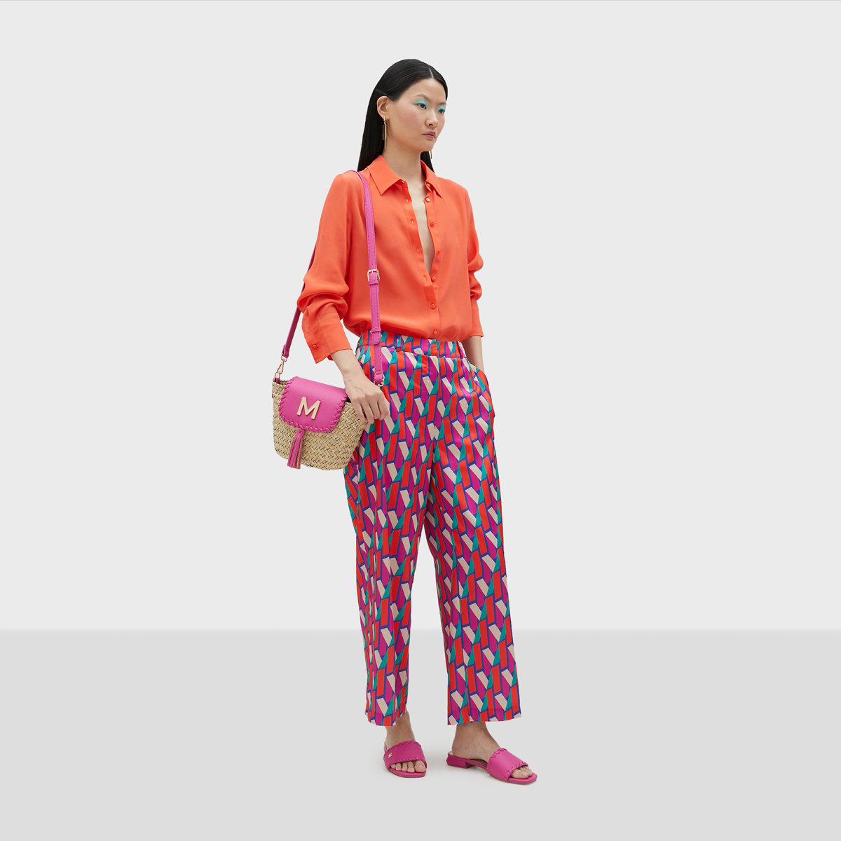 Pantalon large avec fermeture éclair et bouton sur le devant rose, LOLA CASADEMUNT