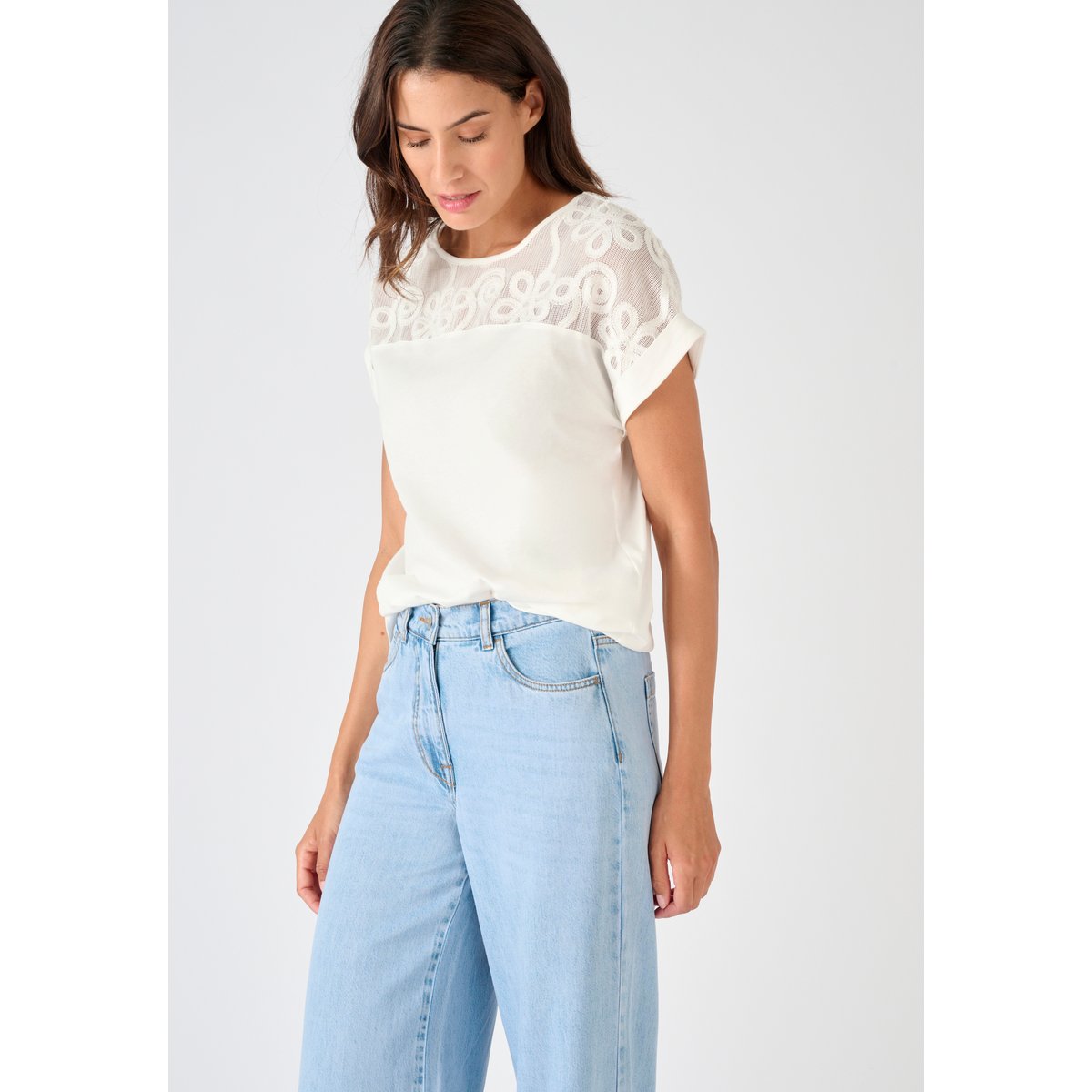 T-shirt bi-matière blanc cassé, DAMART