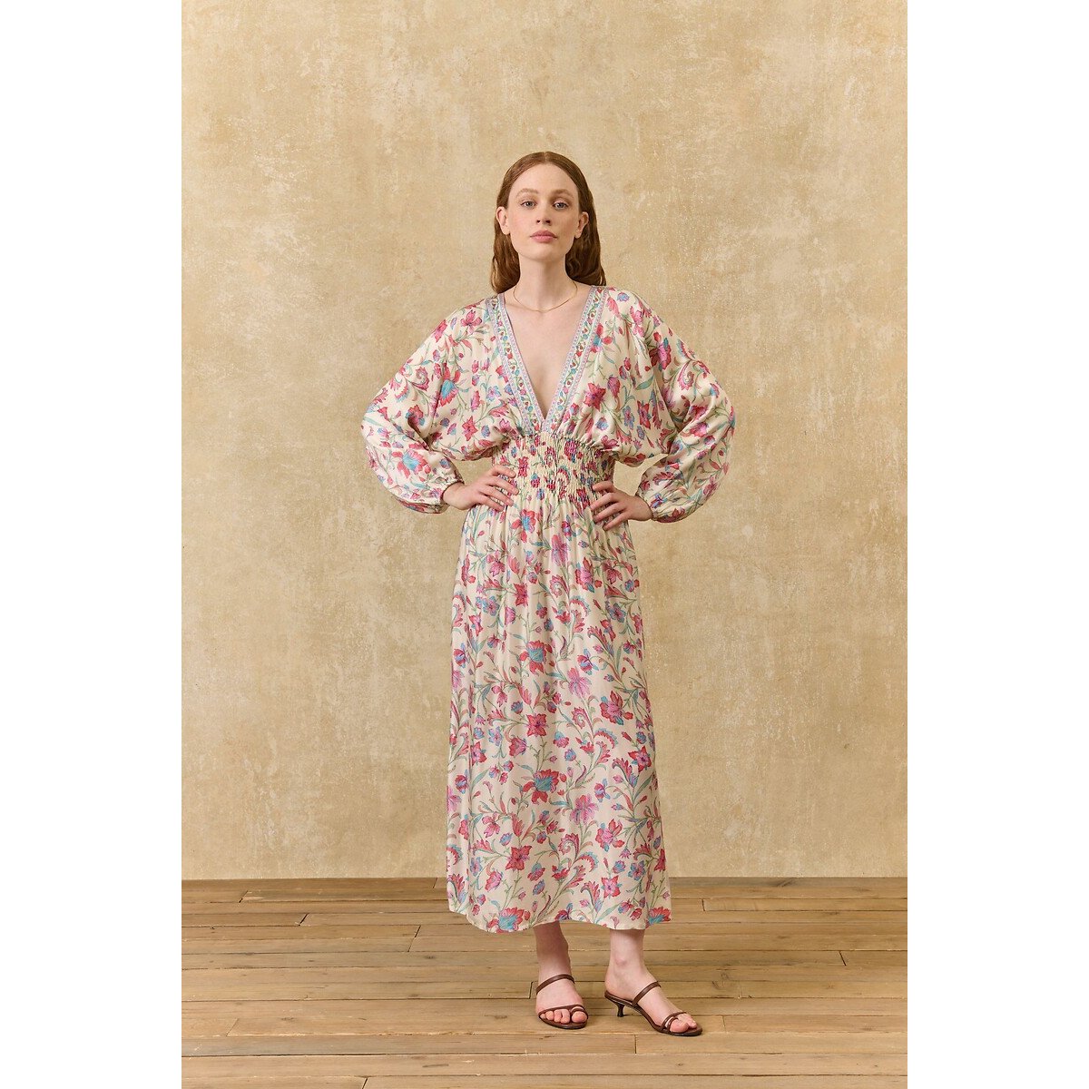 Robe longue à imprimé floral manches longues, SOFIA ecru/rose, LOUISE MISHA