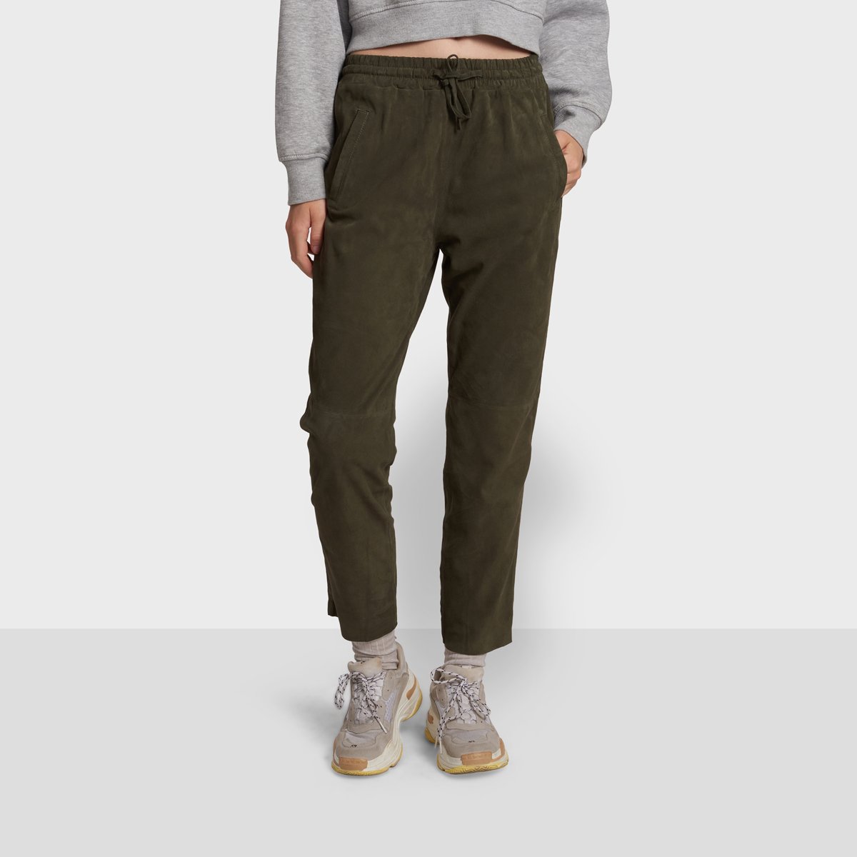 Pantalon en daim à taille élastiquée GIFT kaki foncé, OAKWOOD