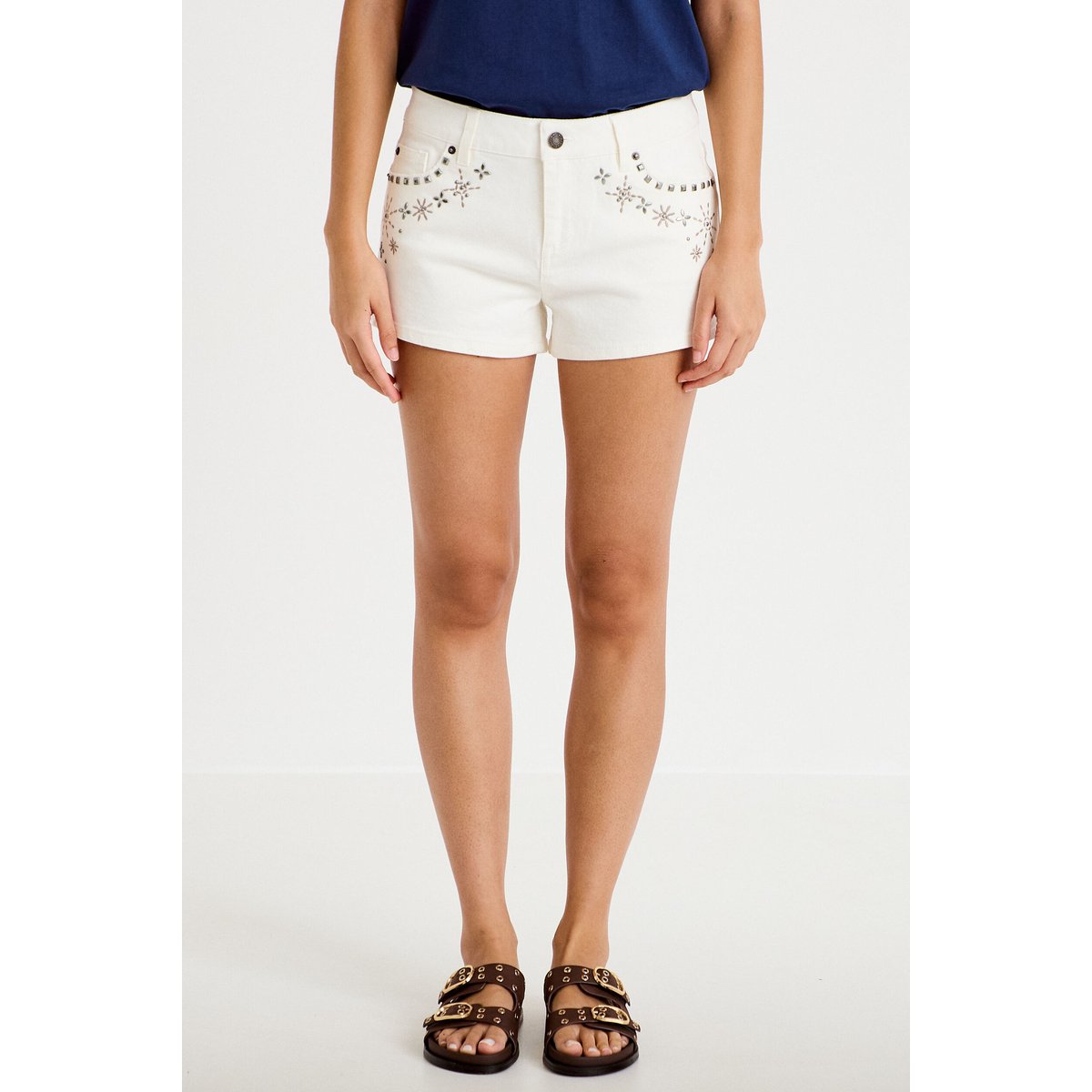 Short en jean avec broderie ecru, CACHE CACHE